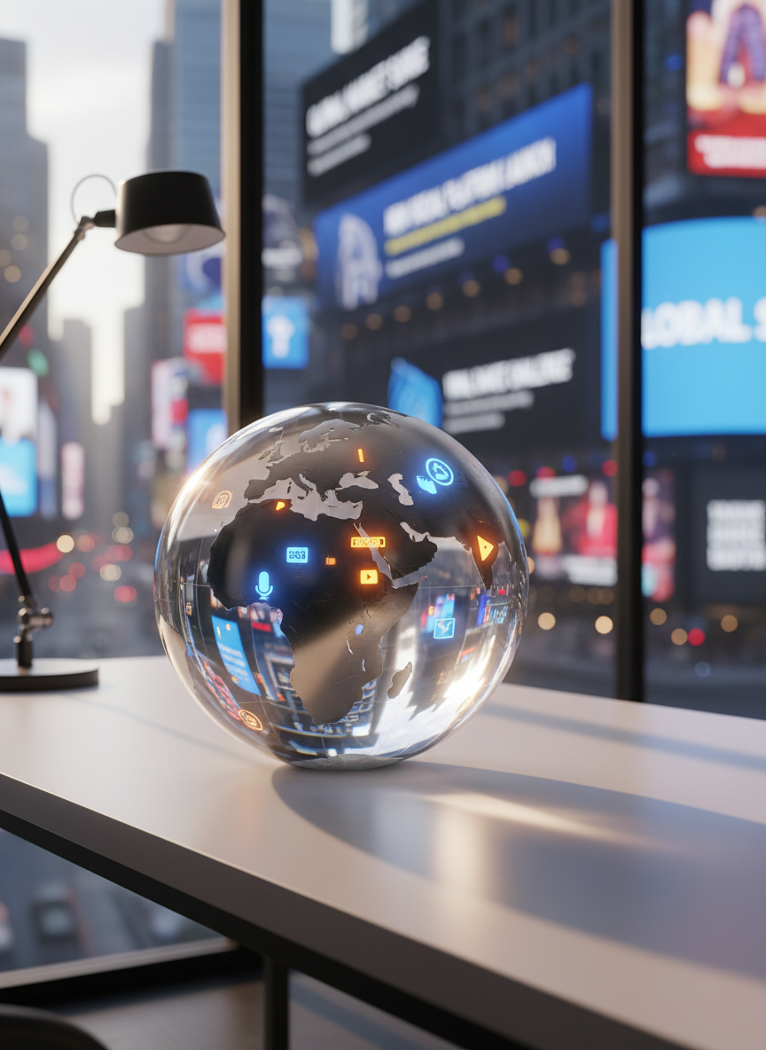 A sleek, contemporary glass globe resting on a minimalist white desk, its continents rendered in reflective chrome and tiny icons symbolizing news, social media, and streaming trends shimmering across the surface. Behind it, large floor-to-ceiling windows reveal a soft-focus city skyline filled with digital billboards and scrolling headlines. Golden hour sunlight pours in, casting long, playful shadows and warm reflections on the glossy desktop. Captured at eye level in photographic realism with a shallow depth of field, the globe is sharply in focus while the world outside melts into colorful bokeh, creating a trendy, energetic mood that conveys the feeling of watching the whole world’s stories in one place.